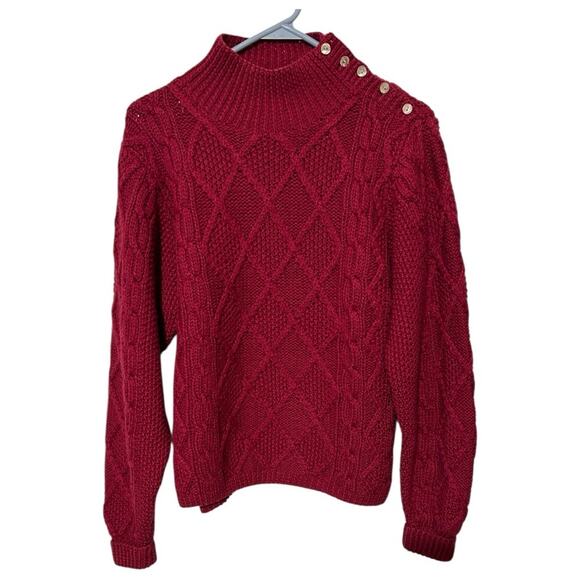 Anne Klein wool cable knit fisherman mock turtleneck sweater cranberry red. M - Picture 1 of 4